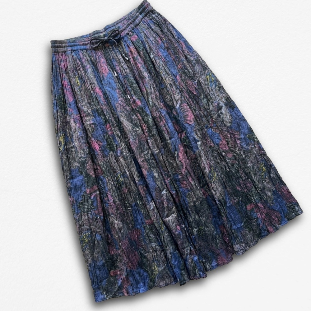 Spellbound Womens Small Blue Pink Floral Rayon Crinkle Midi Skirt Elastic Waist